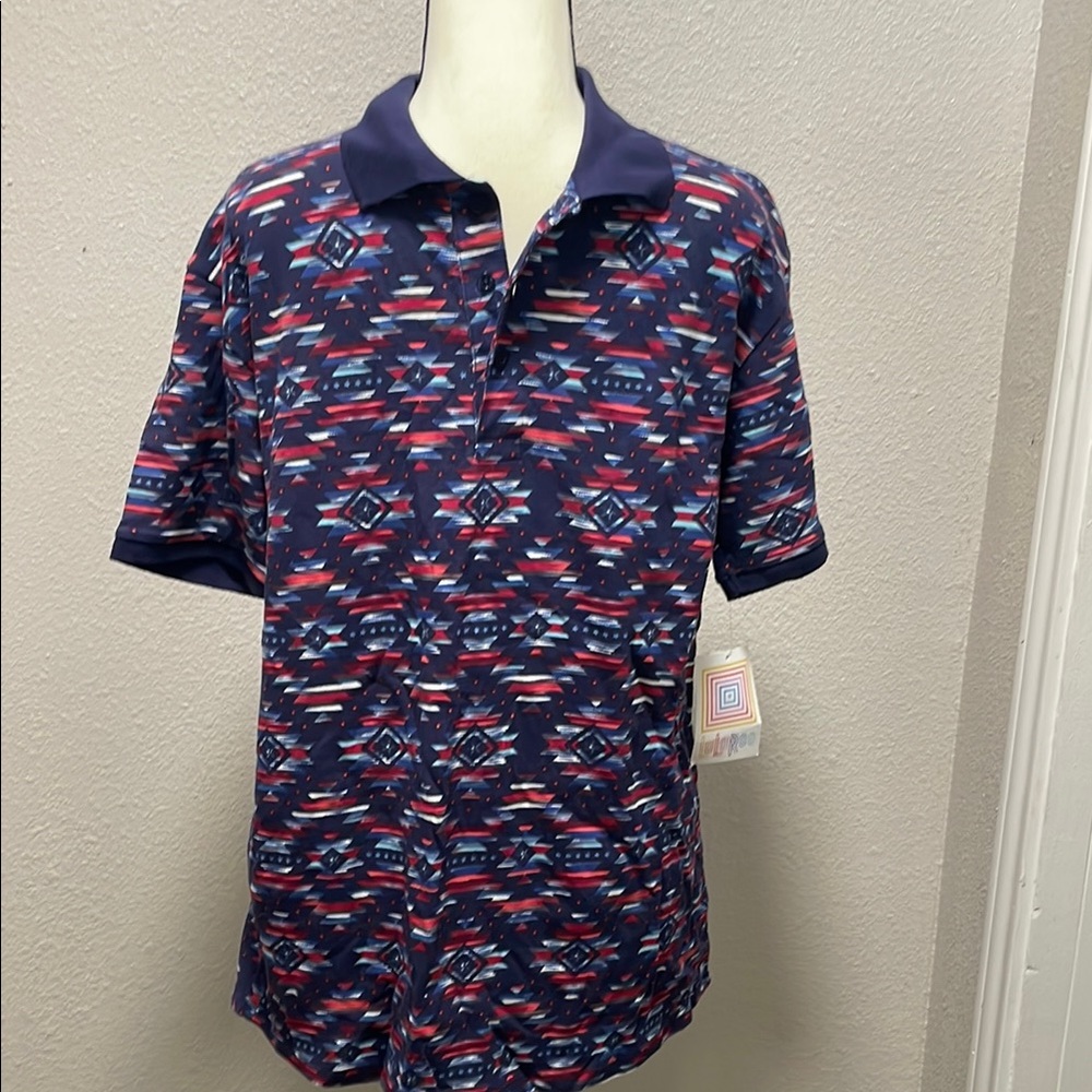LuLaRoe Blue and Red Geometric Polo Shirt